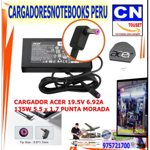 CARGADOR ACER 19.5V 6.92A 135W 5.5x1.7 PUNTA MORADA CARGADOR ACER 19.5V 6.92A 135W 5.5x1.7 PUNTA MORADA
