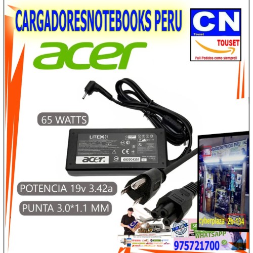 CARGADOR PARA ACER 19V 3.42A 65W 3.0X1.1 PUNTA FINA CARGADOR PARA ACER 19V 3.42A 65W 3.0X1.1 PUNTA FINA