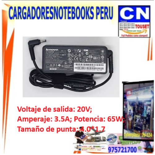 CARGADOR PARA LENOVO 20V 3.25A 65W 4.0*1.7 PUNTA FINA