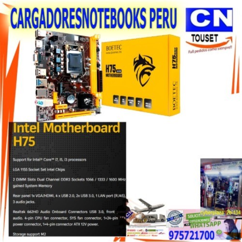 PLACA BOETEC H75 INTEL DDR3 LGA 1155 2DA 3ERA GENERACION h61